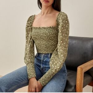 REFORMATION Pinto Top Terrace Green Floral Smocked Long Sleeve shirt